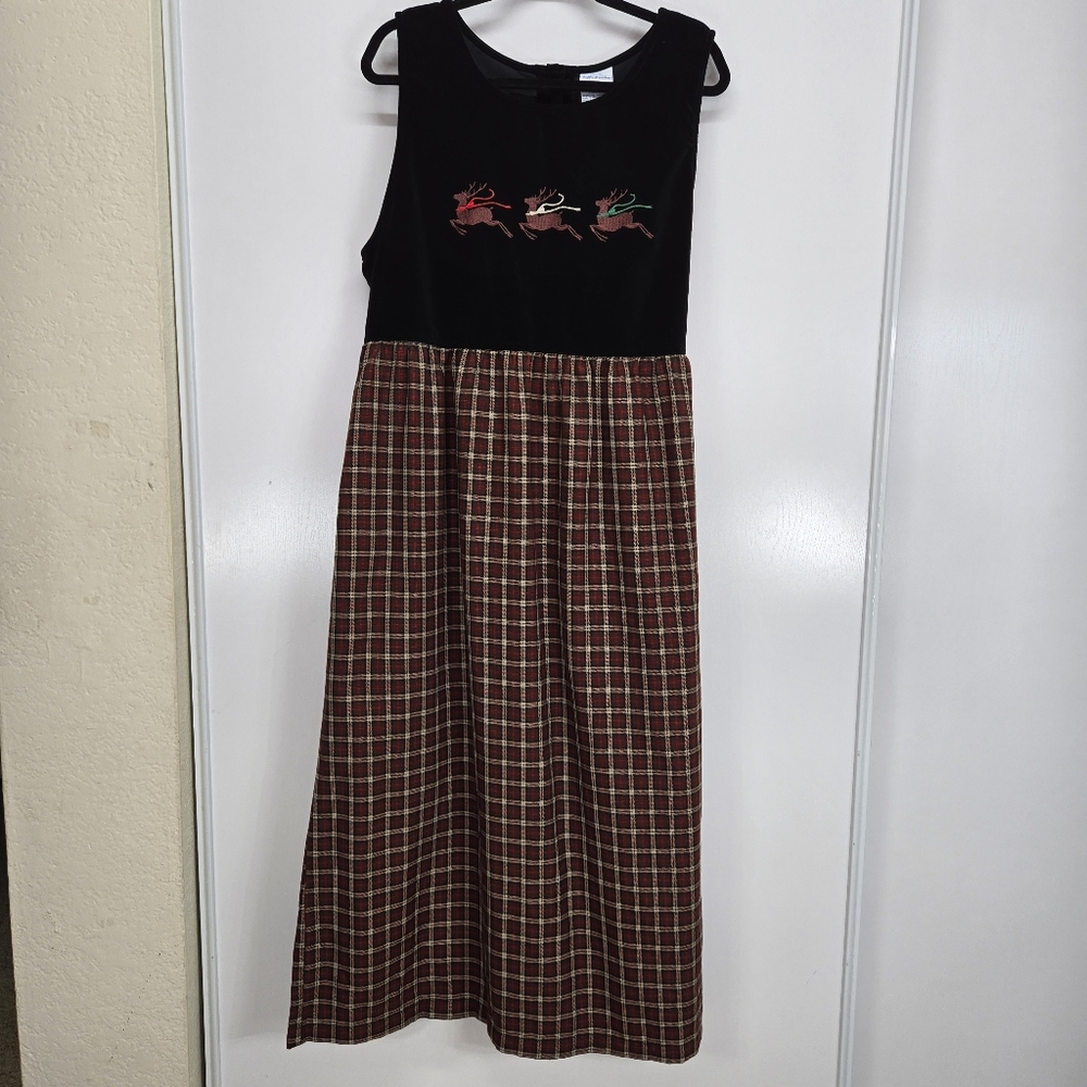 Bobbie Brooks Christmas Jumper Dress Black Velvet Bodice Red Tartan Plaid 16/18